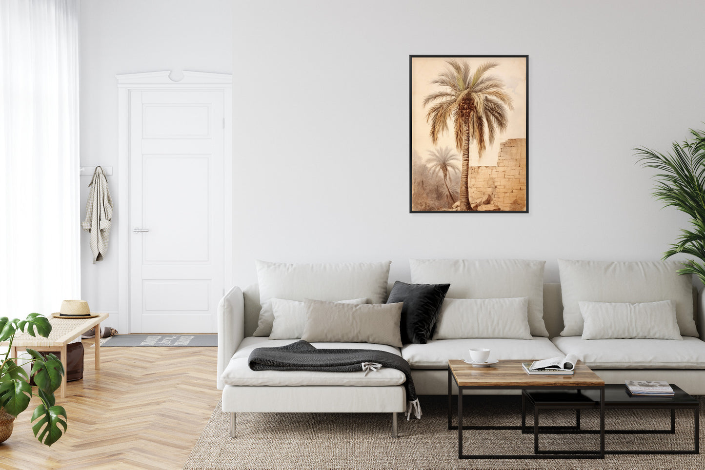 Poster Illustration Einer Palme In Der Nähe Einer Alten Mauer Rahmen Holz Mit Passepartout Farbe Natürlich