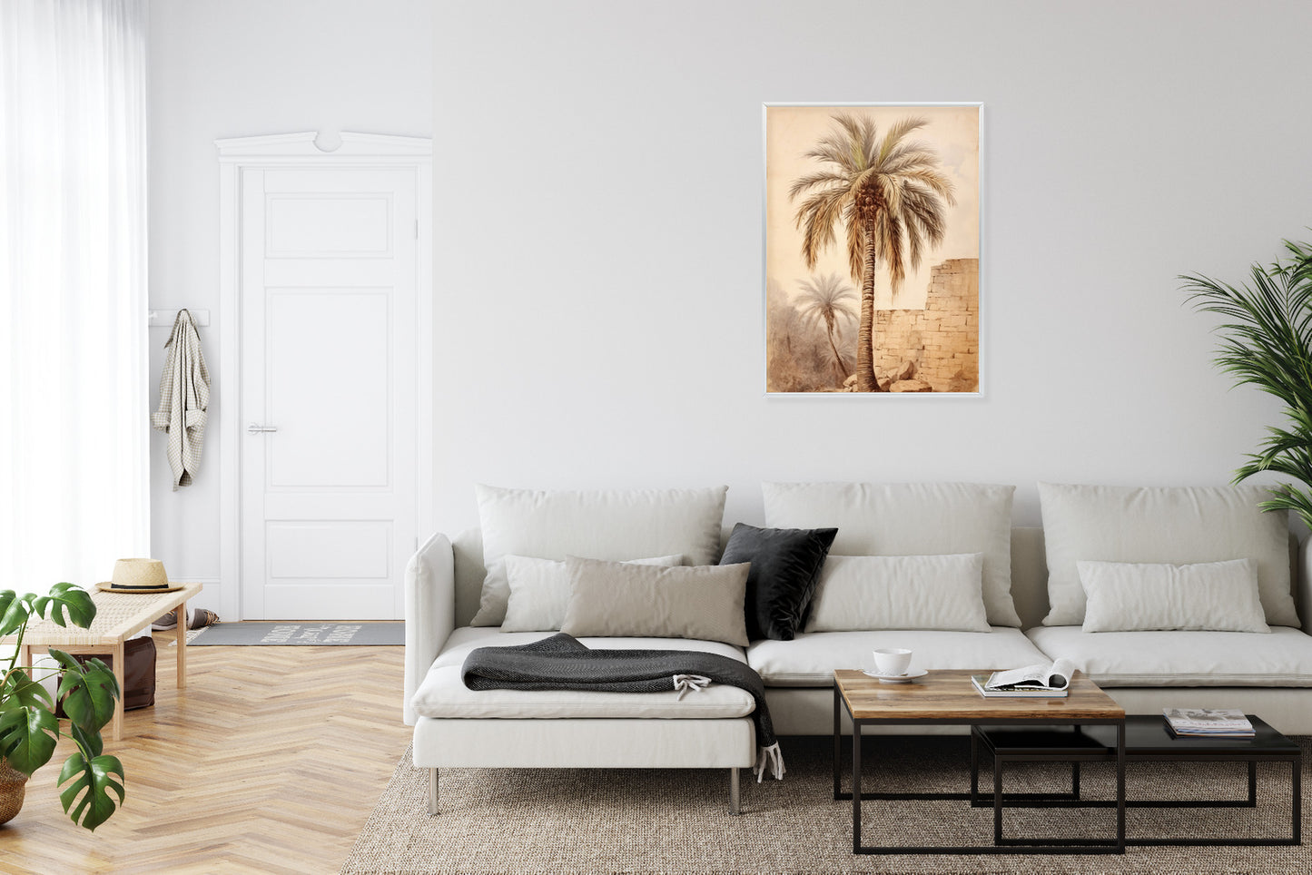 Poster Illustration Einer Palme In Der Nähe Einer Alten Mauer Rahmen Holz Mit Passepartout Farbe Natürlich