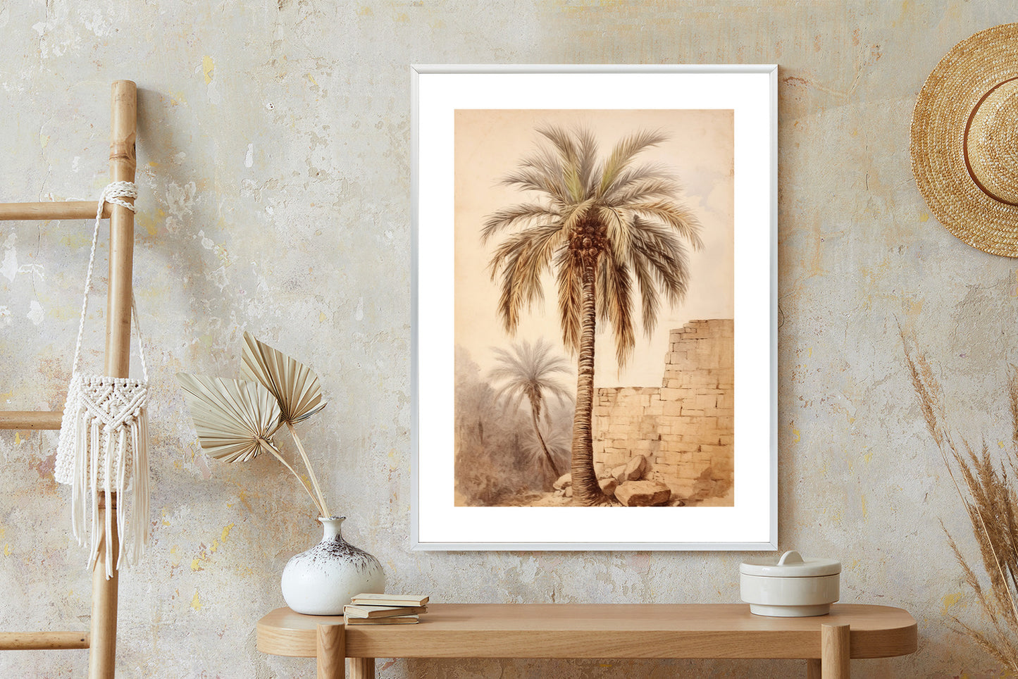 Poster Illustration Einer Palme In Der Nähe Einer Alten Mauer Rahmen Holz Mit Passepartout Farbe Natürlich