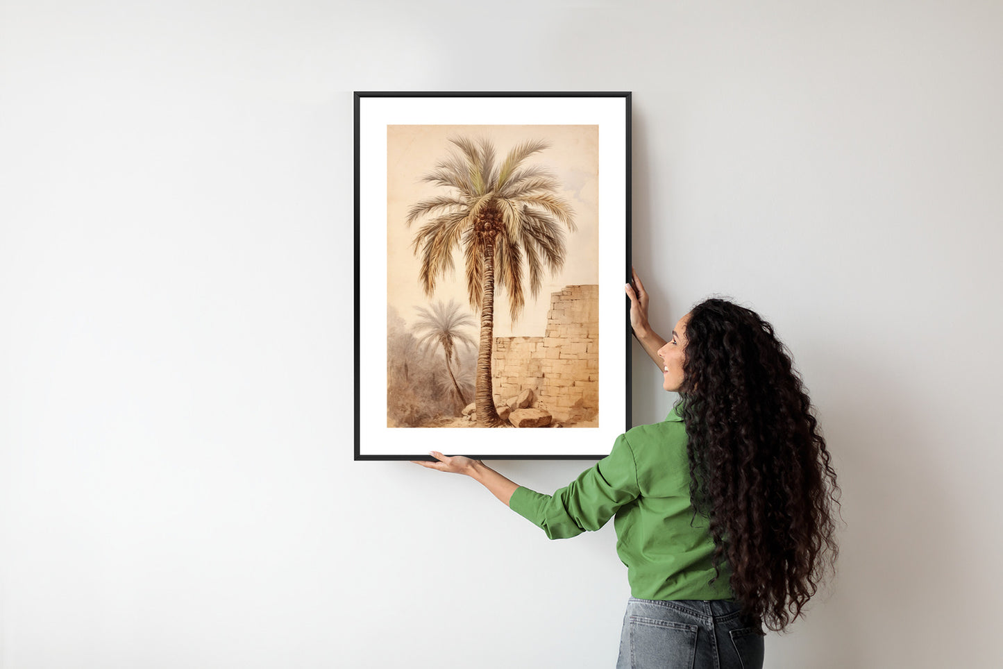 Poster Illustration Einer Palme In Der Nähe Einer Alten Mauer Rahmen Holz Mit Passepartout Farbe Natürlich