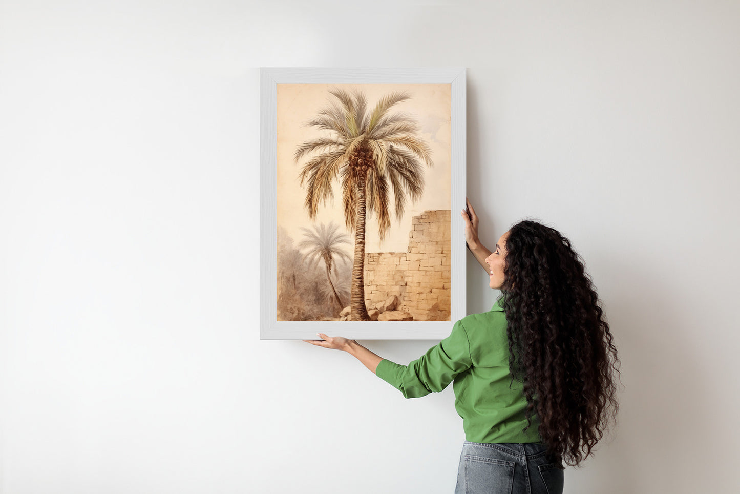 Poster Illustration Einer Palme In Der Nähe Einer Alten Mauer Rahmen Holz Mit Passepartout Farbe Natürlich
