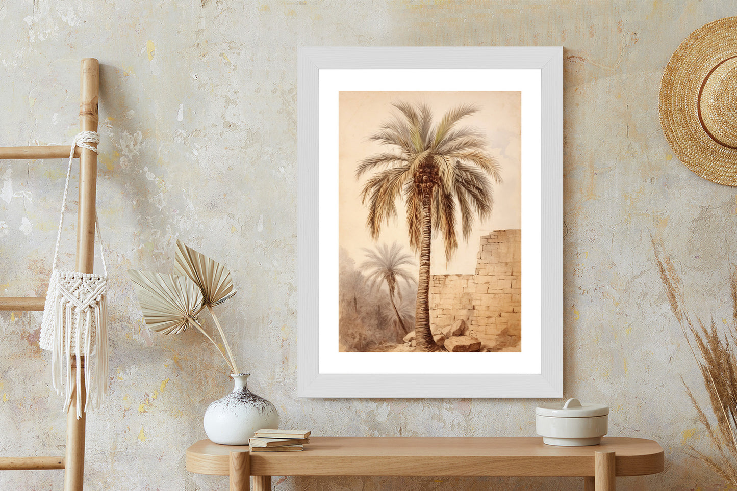 Poster Illustration Einer Palme In Der Nähe Einer Alten Mauer Rahmen Holz Mit Passepartout Farbe Natürlich