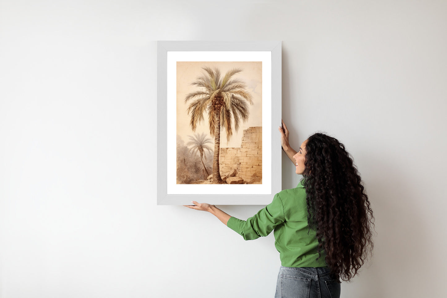 Poster Illustration Einer Palme In Der Nähe Einer Alten Mauer Rahmen Holz Mit Passepartout Farbe Natürlich