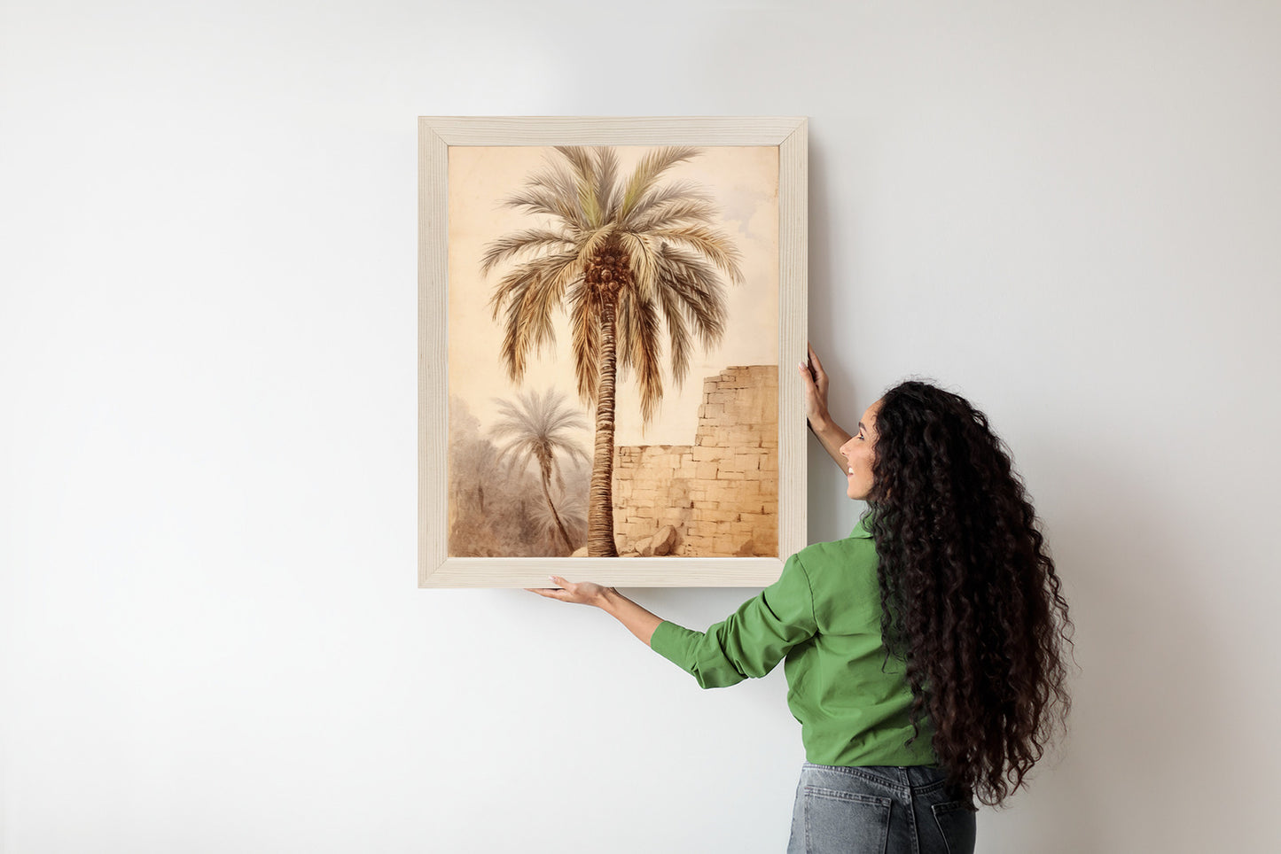 Poster Illustration Einer Palme In Der Nähe Einer Alten Mauer Rahmen Holz Mit Passepartout Farbe Natürlich