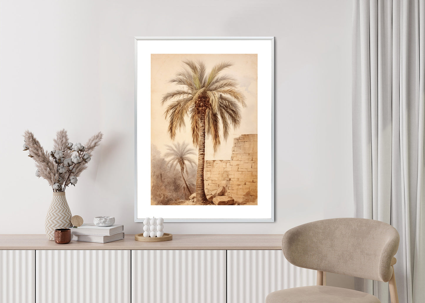 Poster Illustration Einer Palme In Der Nähe Einer Alten Mauer Rahmen Holz Mit Passepartout Farbe Natürlich