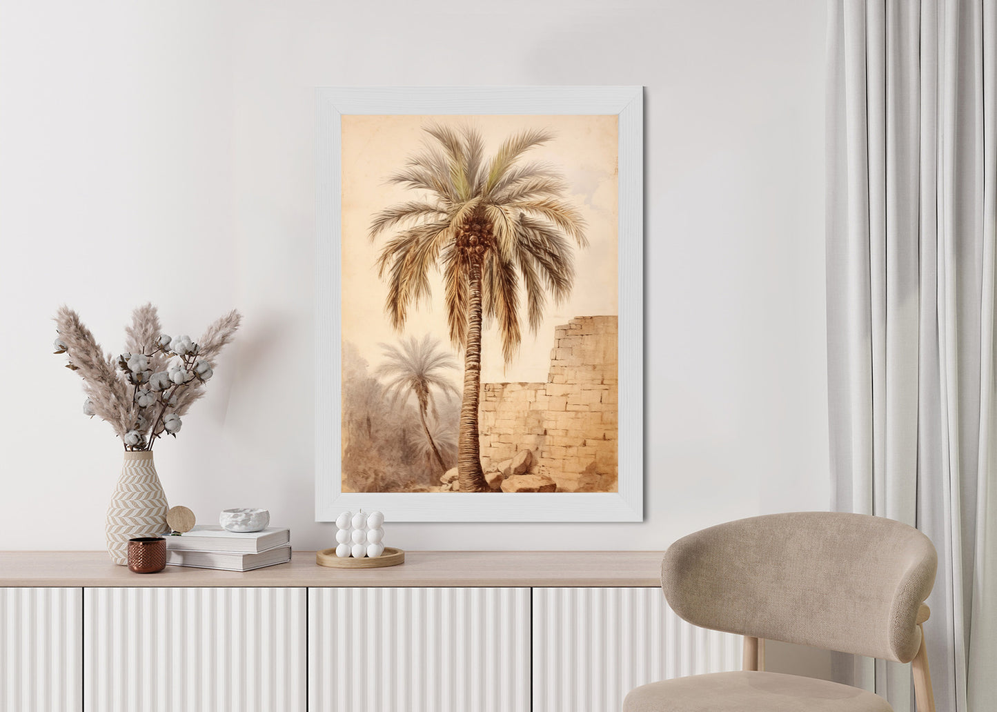 Poster Illustration Einer Palme In Der Nähe Einer Alten Mauer Rahmen Holz Mit Passepartout Farbe Natürlich