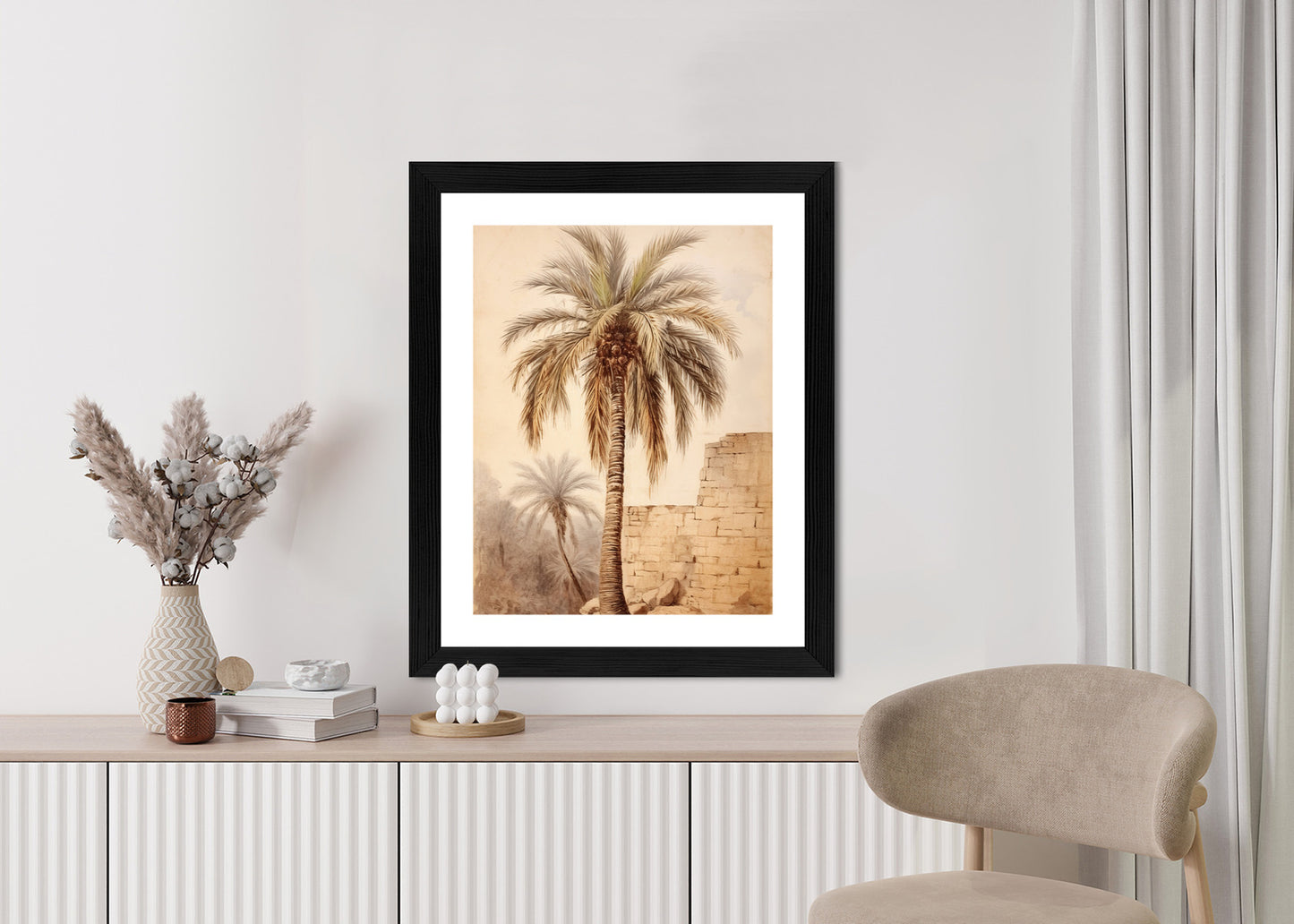 Poster Illustration Einer Palme In Der Nähe Einer Alten Mauer Rahmen Holz Mit Passepartout Farbe Natürlich