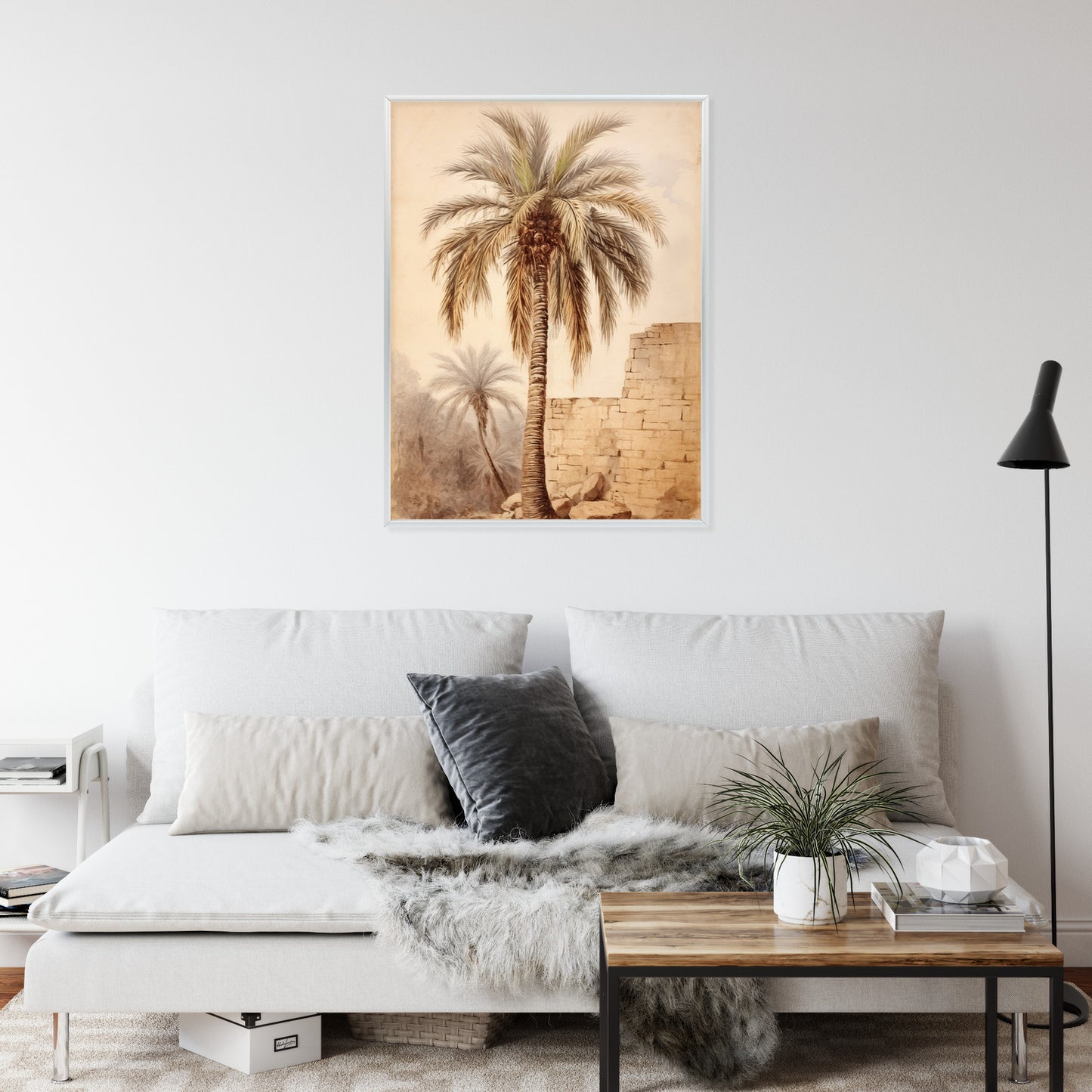 Poster Illustration Einer Palme In Der Nähe Einer Alten Mauer Rahmen Holz Mit Passepartout Farbe Natürlich
