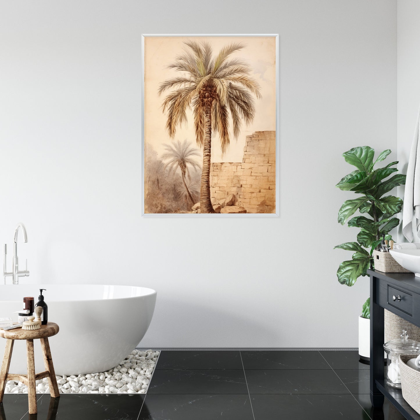 Poster Illustration Einer Palme In Der Nähe Einer Alten Mauer Rahmen Holz Mit Passepartout Farbe Natürlich