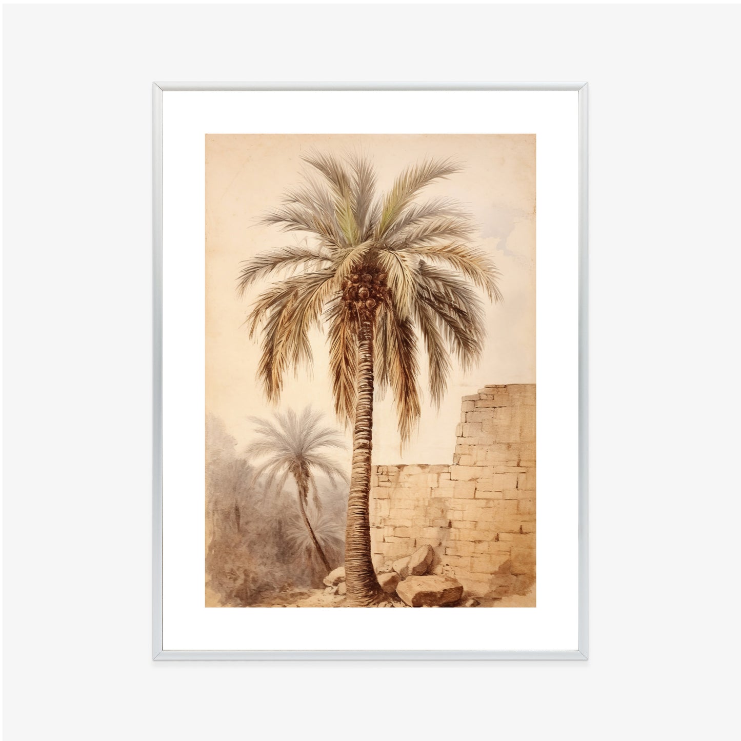 Poster Illustration Einer Palme In Der Nähe Einer Alten Mauer Rahmen Holz Mit Passepartout Farbe Natürlich