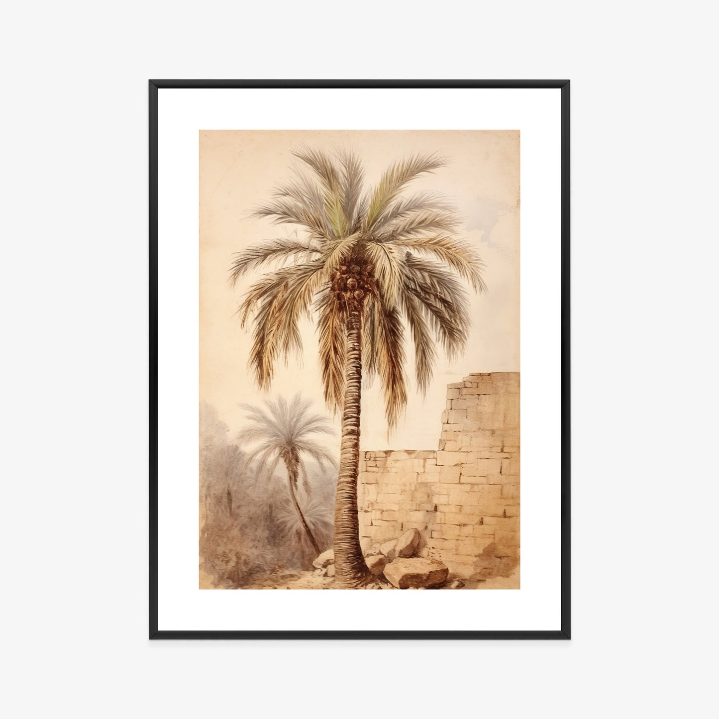 Poster Illustration Einer Palme In Der Nähe Einer Alten Mauer Rahmen Holz Mit Passepartout Farbe Natürlich