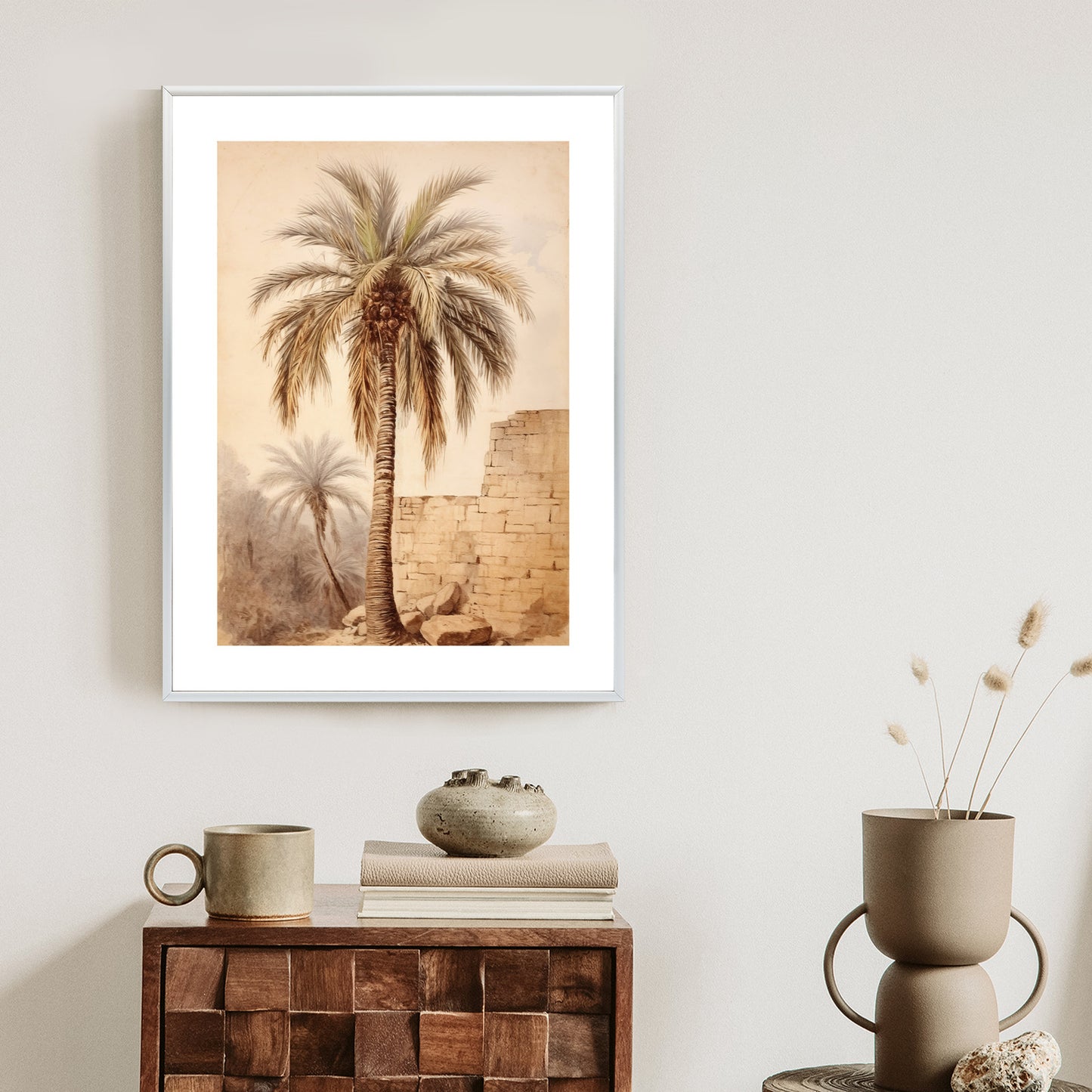 Poster Illustration Einer Palme In Der Nähe Einer Alten Mauer Rahmen Holz Mit Passepartout Farbe Natürlich