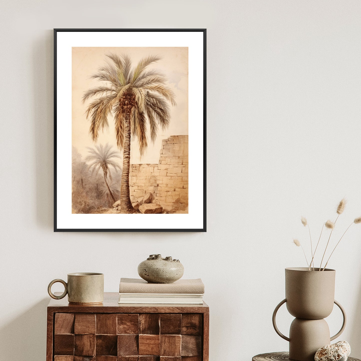 Poster Illustration Einer Palme In Der Nähe Einer Alten Mauer Rahmen Holz Mit Passepartout Farbe Natürlich