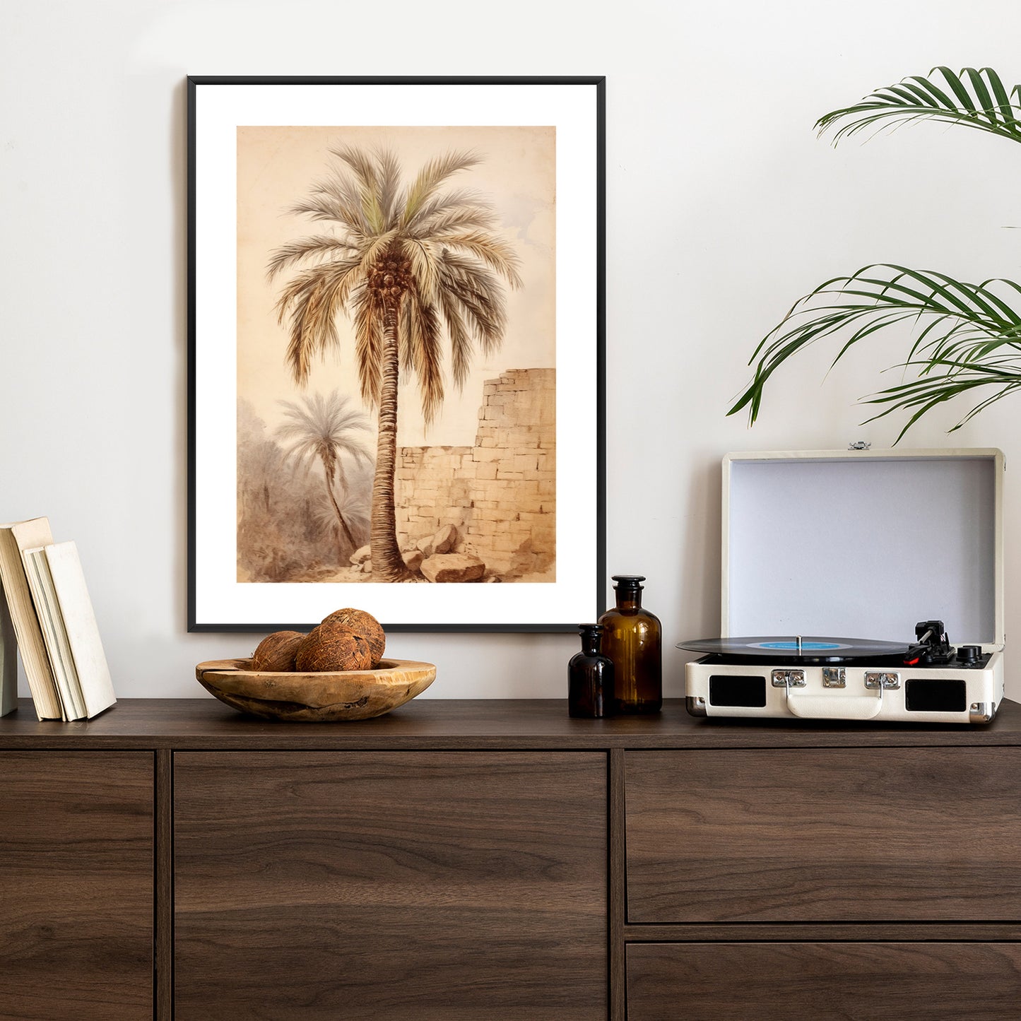 Poster Illustration Einer Palme In Der Nähe Einer Alten Mauer Rahmen Holz Mit Passepartout Farbe Natürlich