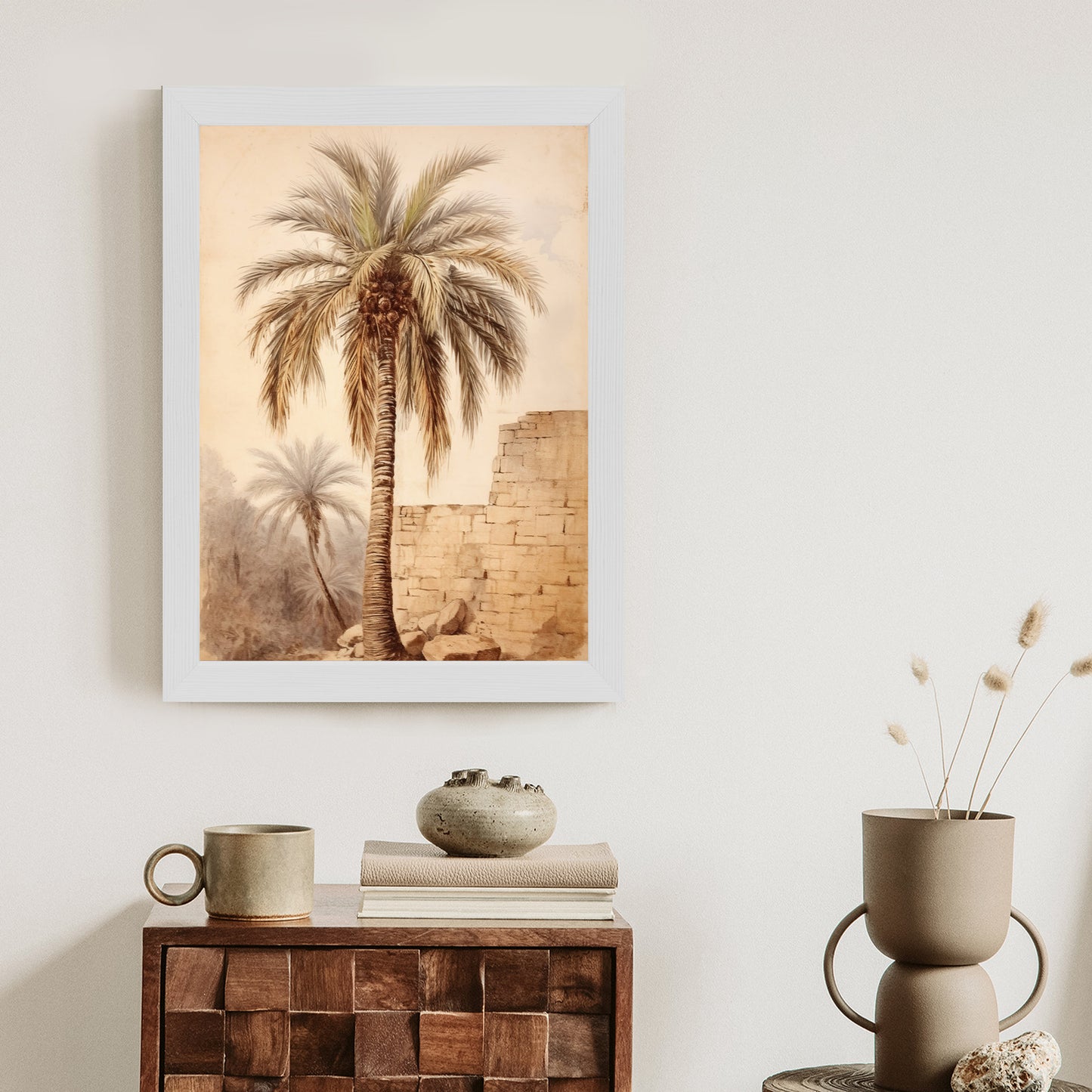 Poster Illustration Einer Palme In Der Nähe Einer Alten Mauer Rahmen Holz Mit Passepartout Farbe Natürlich