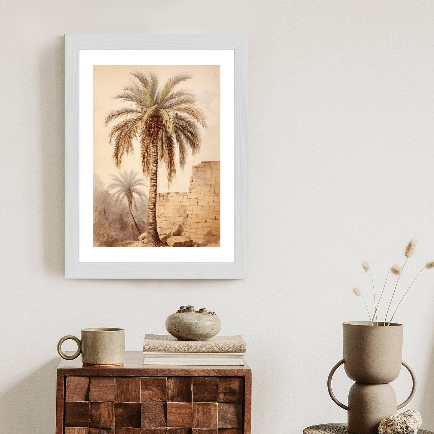 Poster Illustration Einer Palme In Der Nähe Einer Alten Mauer Rahmen Holz Mit Passepartout Farbe Natürlich