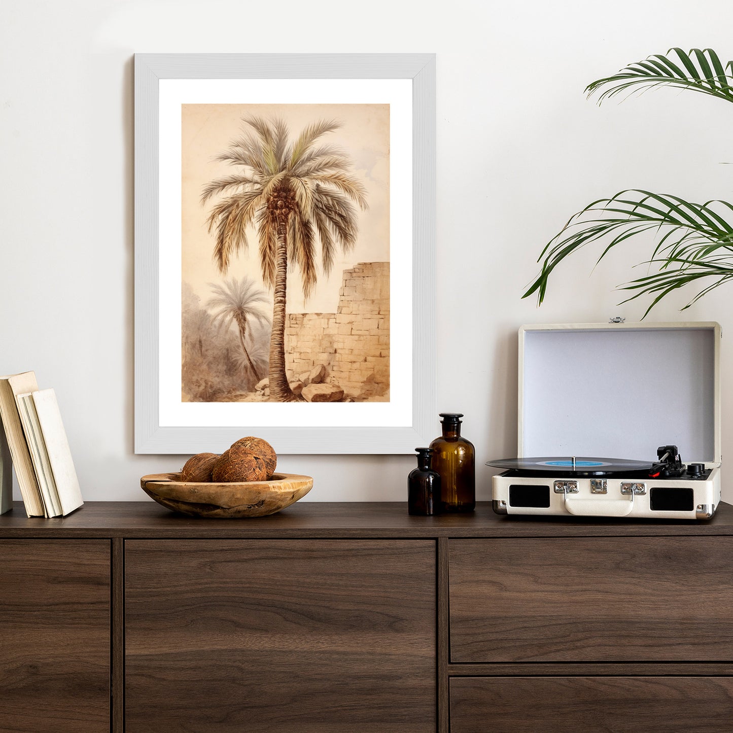 Poster Illustration Einer Palme In Der Nähe Einer Alten Mauer Rahmen Holz Mit Passepartout Farbe Natürlich