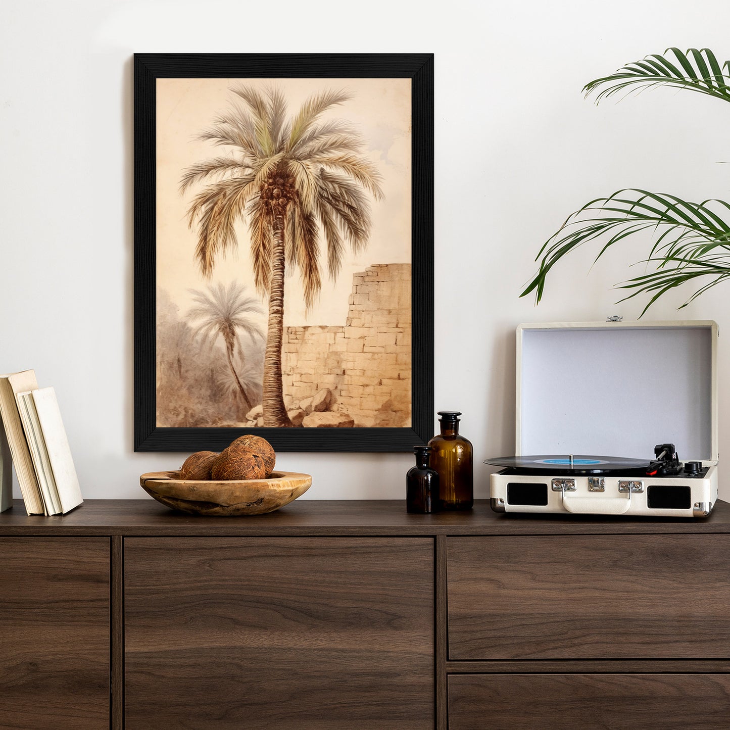 Poster Illustration Einer Palme In Der Nähe Einer Alten Mauer Rahmen Holz Mit Passepartout Farbe Natürlich