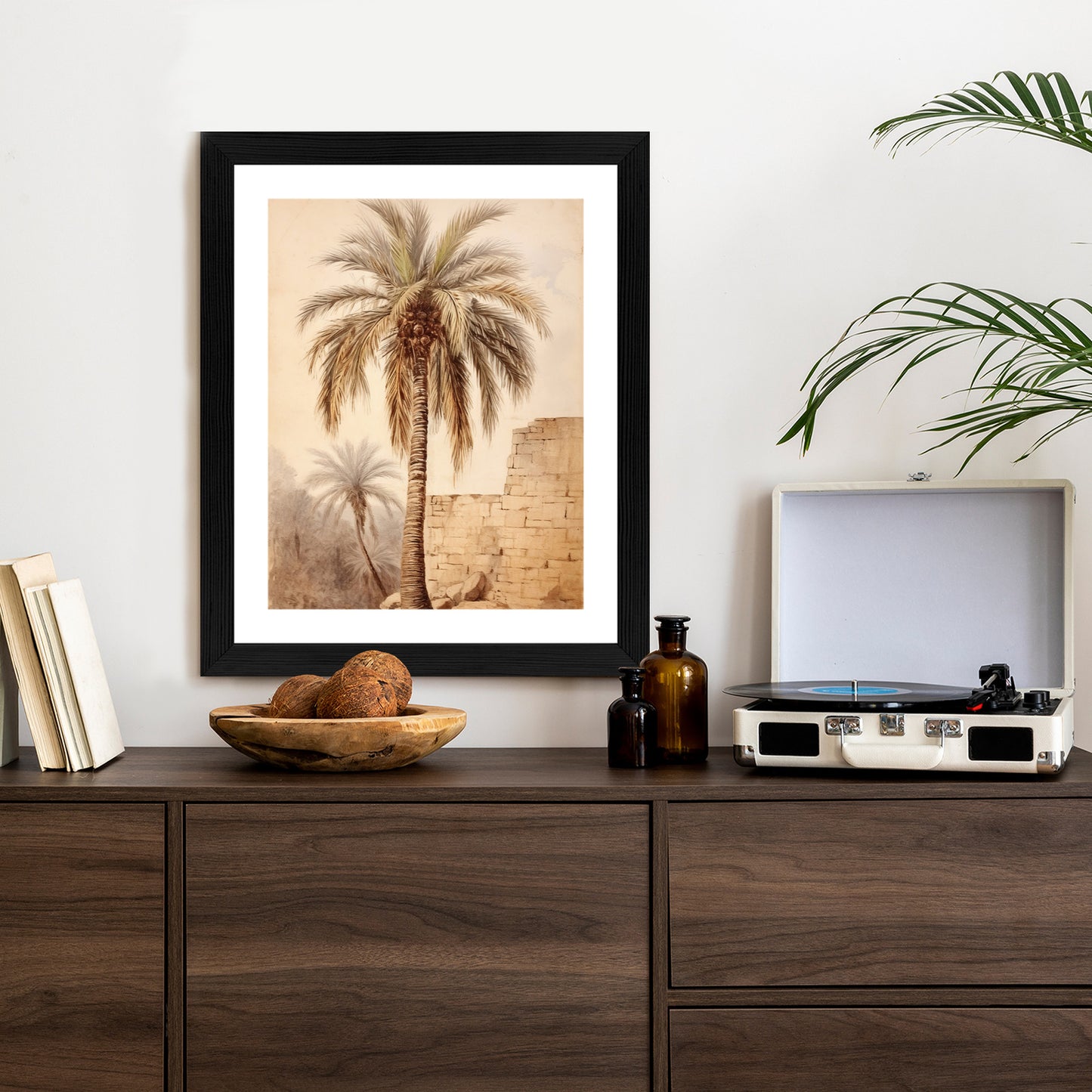Poster Illustration Einer Palme In Der Nähe Einer Alten Mauer Rahmen Holz Mit Passepartout Farbe Natürlich