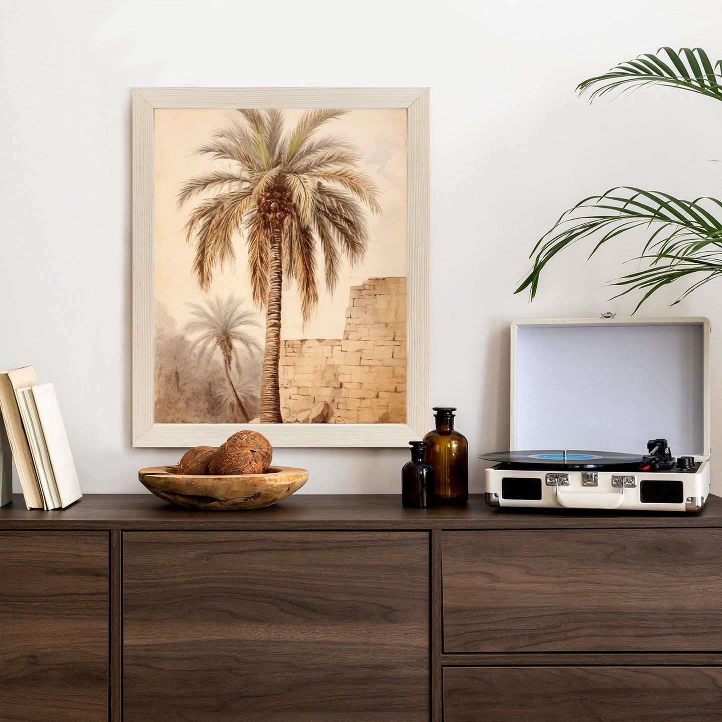 Poster Illustration Einer Palme In Der Nähe Einer Alten Mauer Rahmen Holz Mit Passepartout Farbe Natürlich