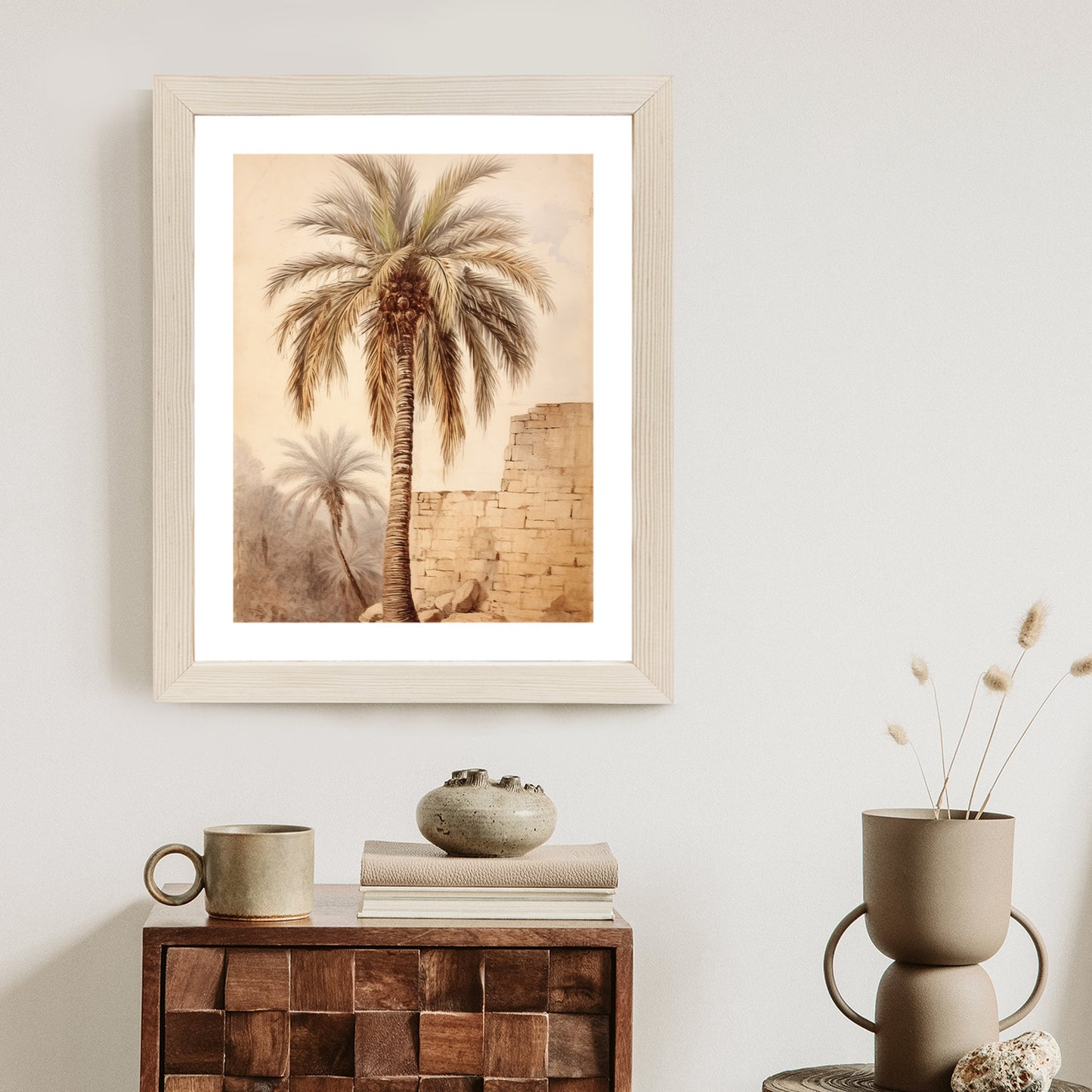 Poster Illustration Einer Palme In Der Nähe Einer Alten Mauer Rahmen Holz Mit Passepartout Farbe Natürlich