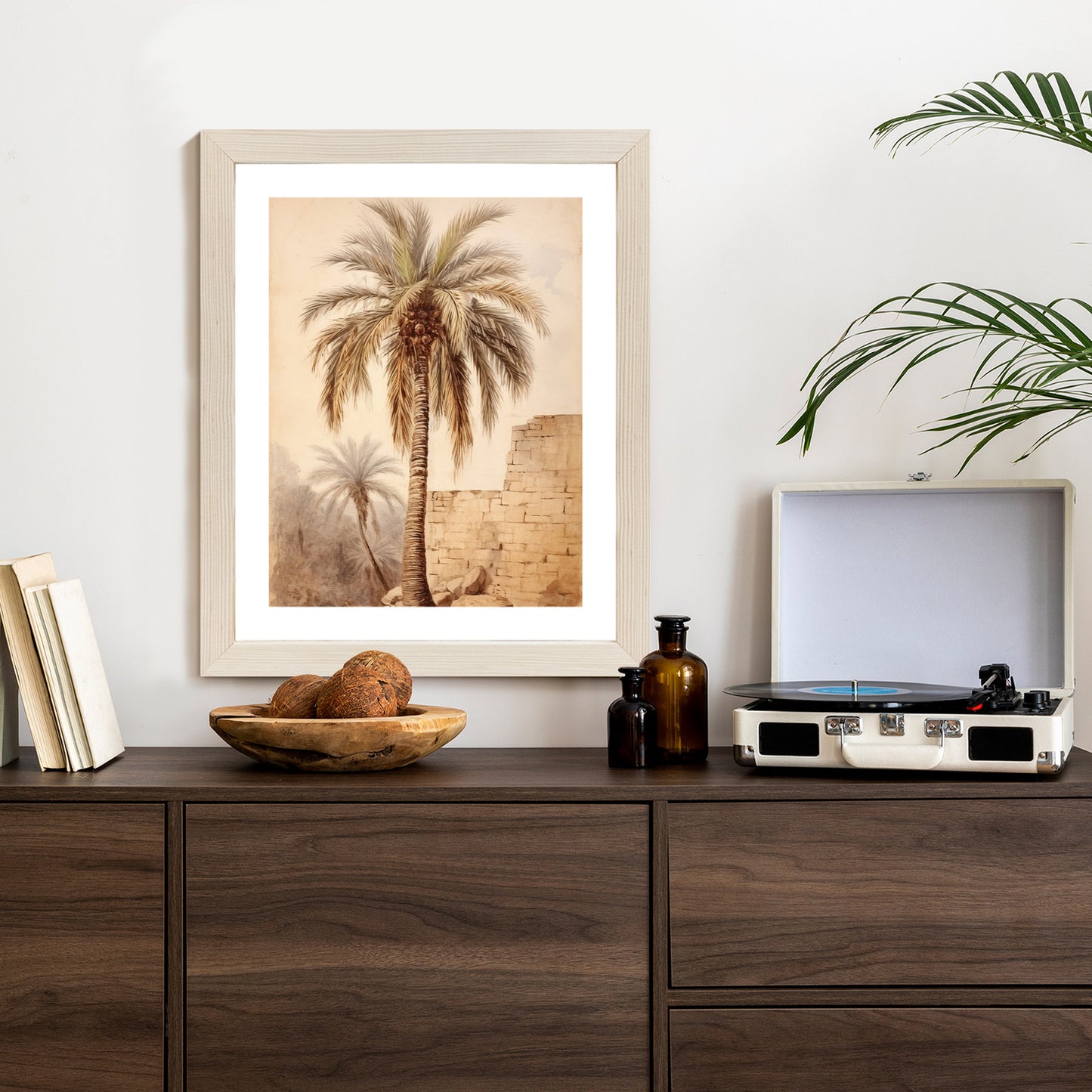 Poster Illustration Einer Palme In Der Nähe Einer Alten Mauer Rahmen Holz Mit Passepartout Farbe Natürlich