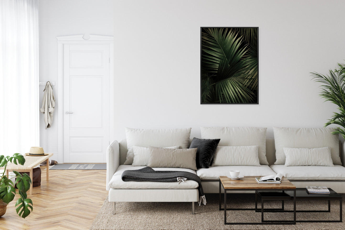 Poster Dunkle Große Palmblätter Rahmen Holz Mit Passepartout Farbe Natürlich