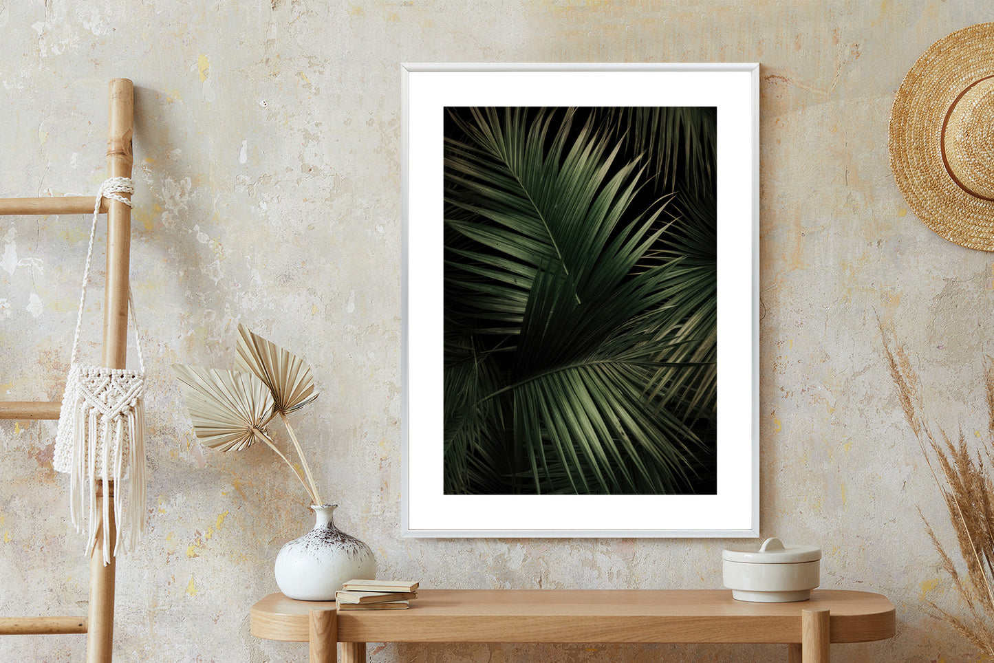 Poster Dunkle Große Palmblätter Rahmen Holz Mit Passepartout Farbe Natürlich