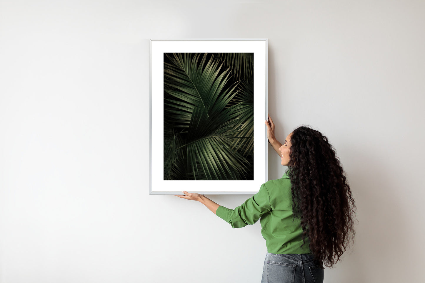 Poster Dunkle Große Palmblätter Rahmen Holz Mit Passepartout Farbe Natürlich