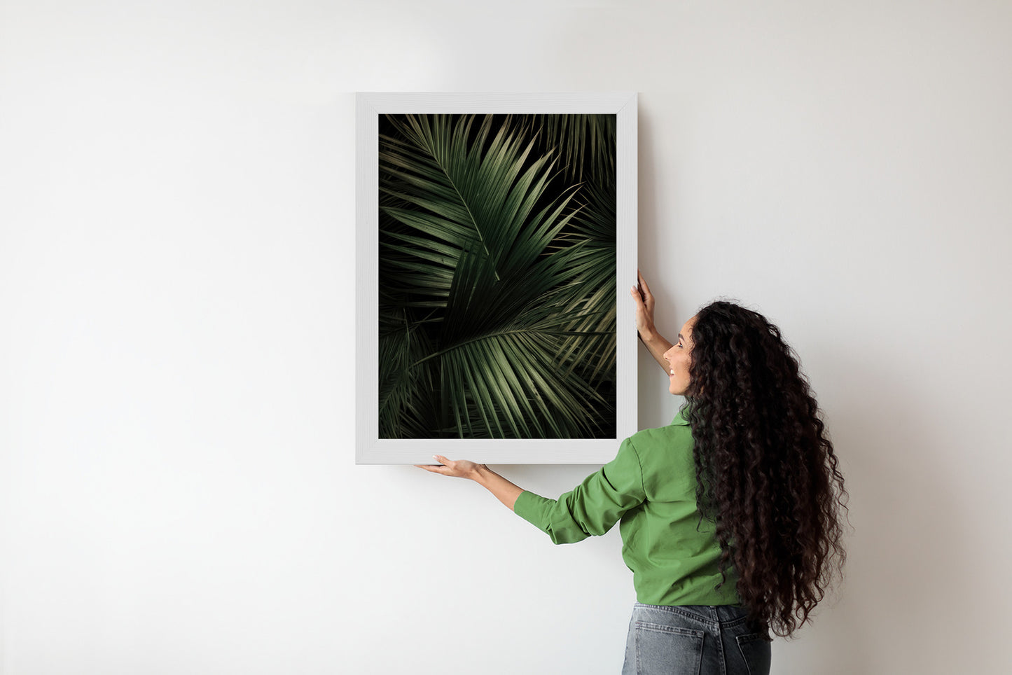 Poster Dunkle Große Palmblätter Rahmen Holz Mit Passepartout Farbe Natürlich