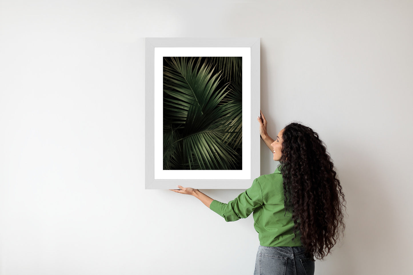 Poster Dunkle Große Palmblätter Rahmen Holz Mit Passepartout Farbe Natürlich