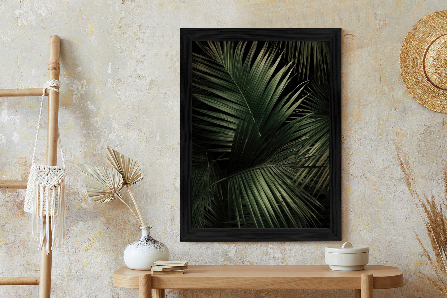 Poster Dunkle Große Palmblätter Rahmen Holz Mit Passepartout Farbe Natürlich