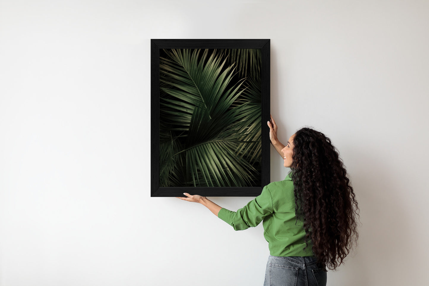 Poster Dunkle Große Palmblätter Rahmen Holz Mit Passepartout Farbe Natürlich