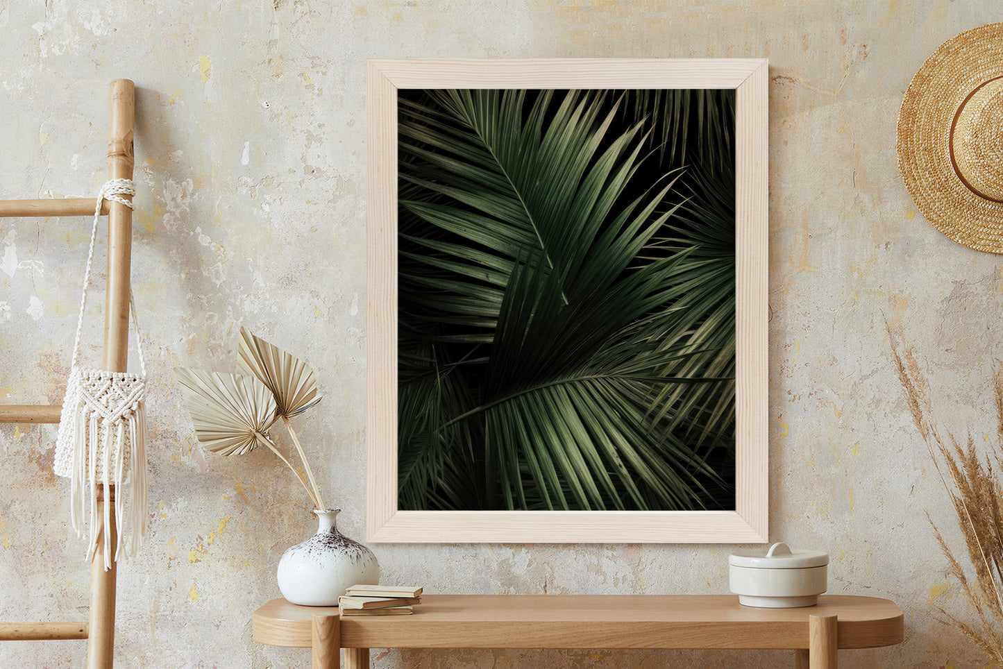 Poster Dunkle Große Palmblätter Rahmen Holz Mit Passepartout Farbe Natürlich