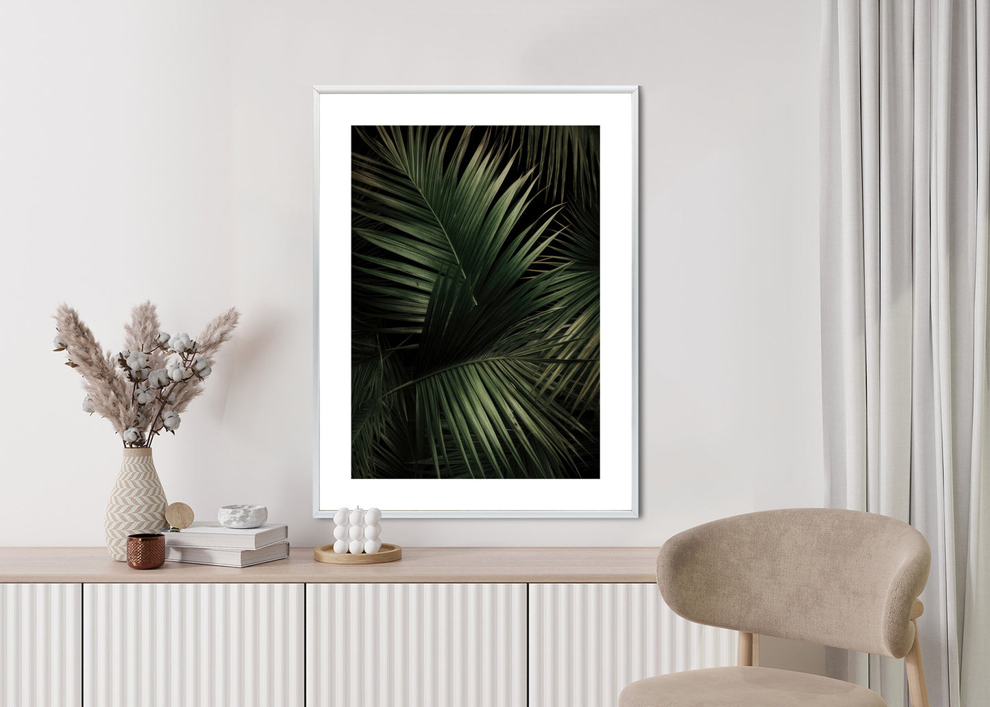Poster Dunkle Große Palmblätter Rahmen Holz Mit Passepartout Farbe Natürlich