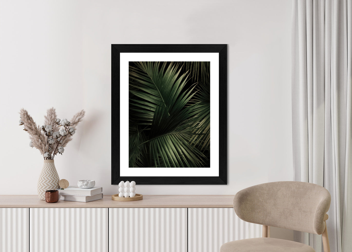 Poster Dunkle Große Palmblätter Rahmen Holz Mit Passepartout Farbe Natürlich