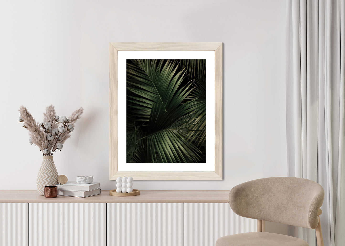 Poster Dunkle Große Palmblätter Rahmen Holz Mit Passepartout Farbe Natürlich
