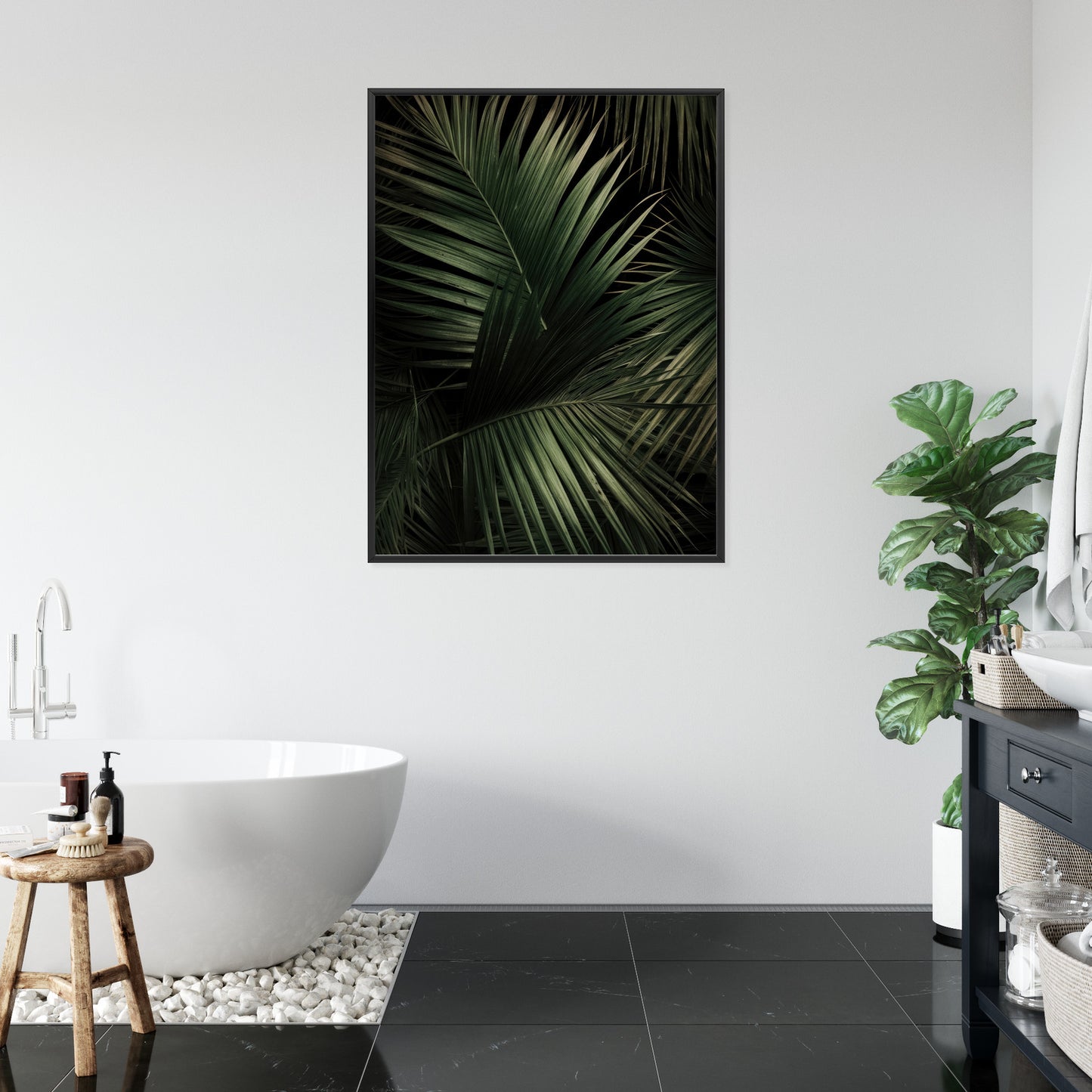 Poster Dunkle Große Palmblätter Rahmen Holz Mit Passepartout Farbe Natürlich