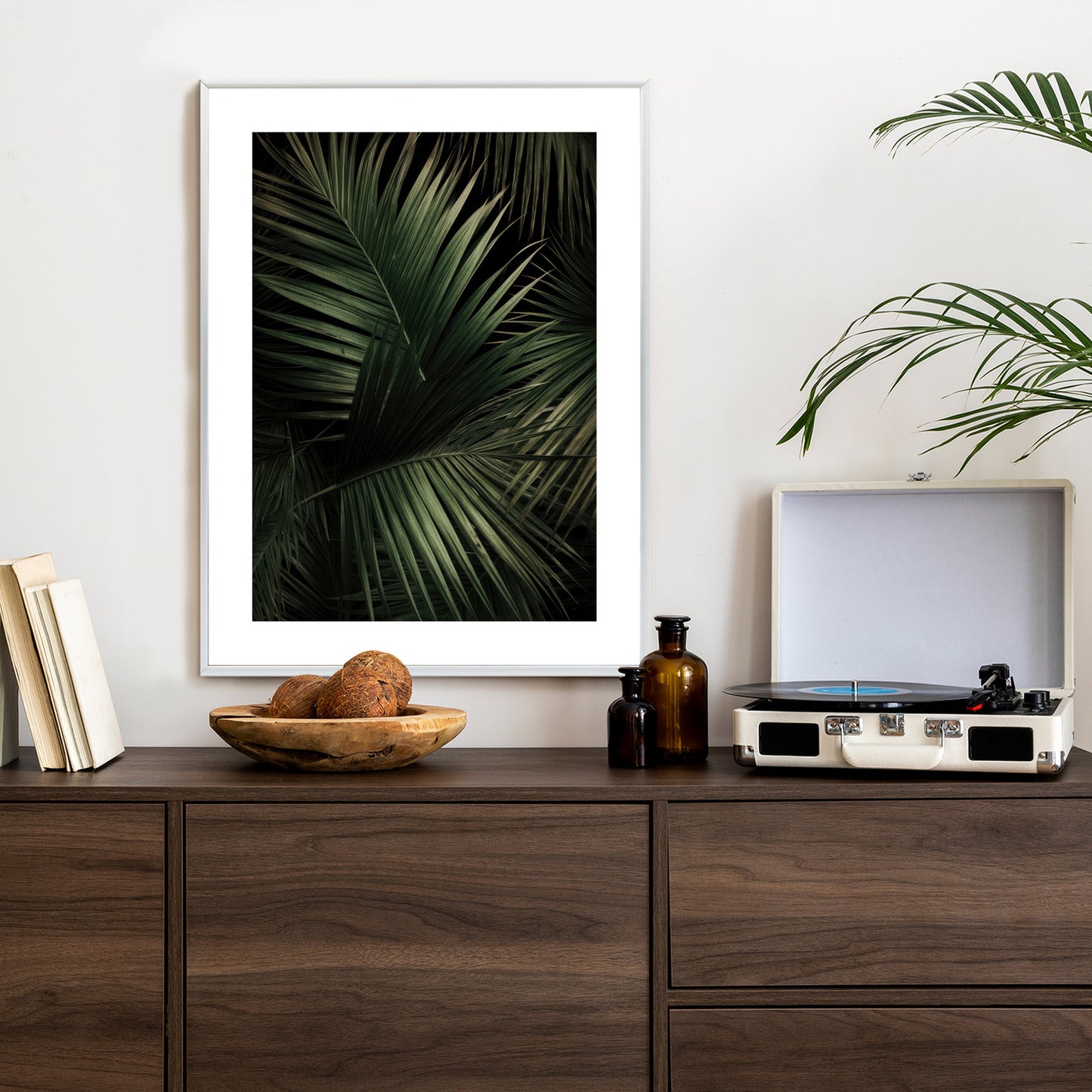 Poster Dunkle Große Palmblätter Rahmen Holz Mit Passepartout Farbe Natürlich