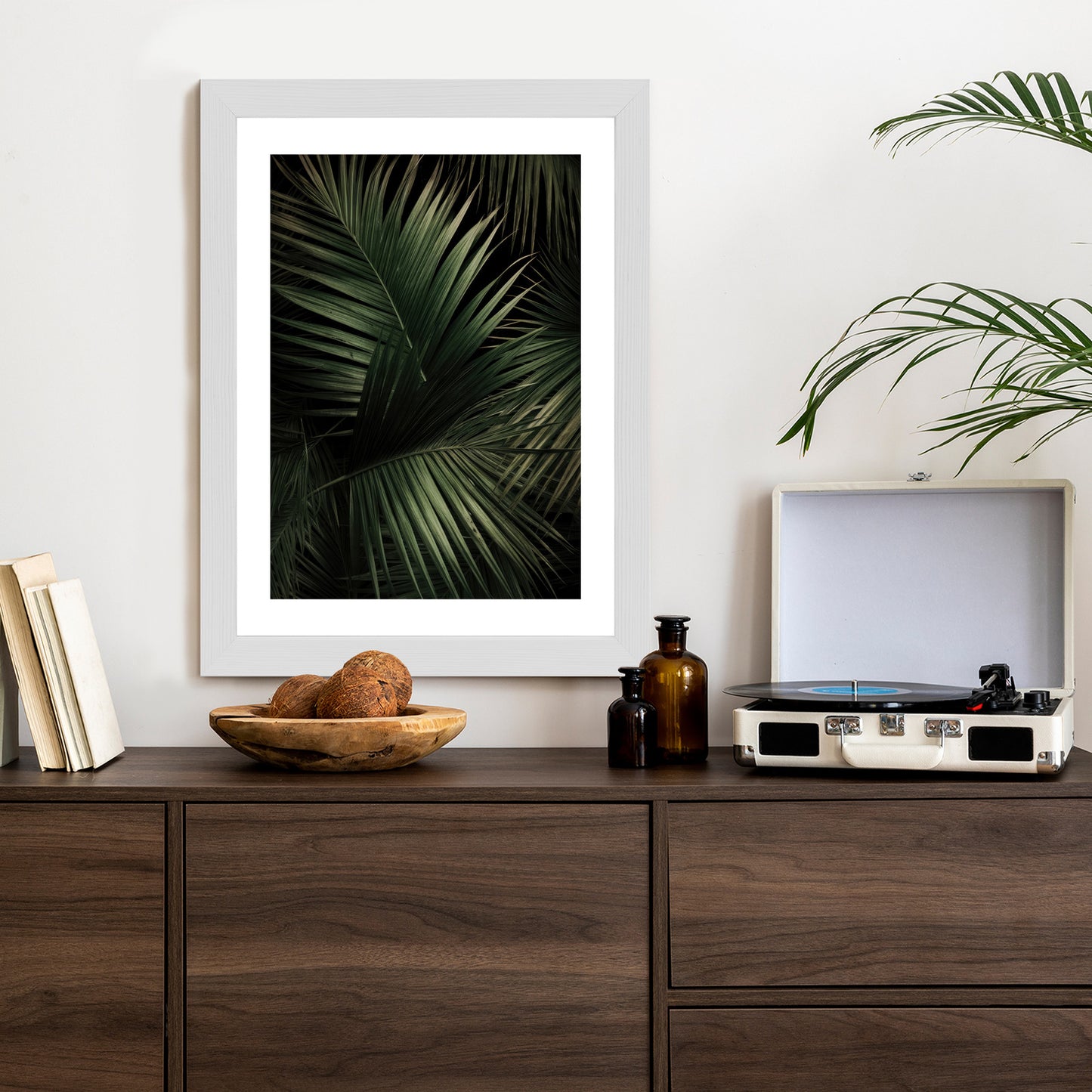 Poster Dunkle Große Palmblätter Rahmen Holz Mit Passepartout Farbe Natürlich