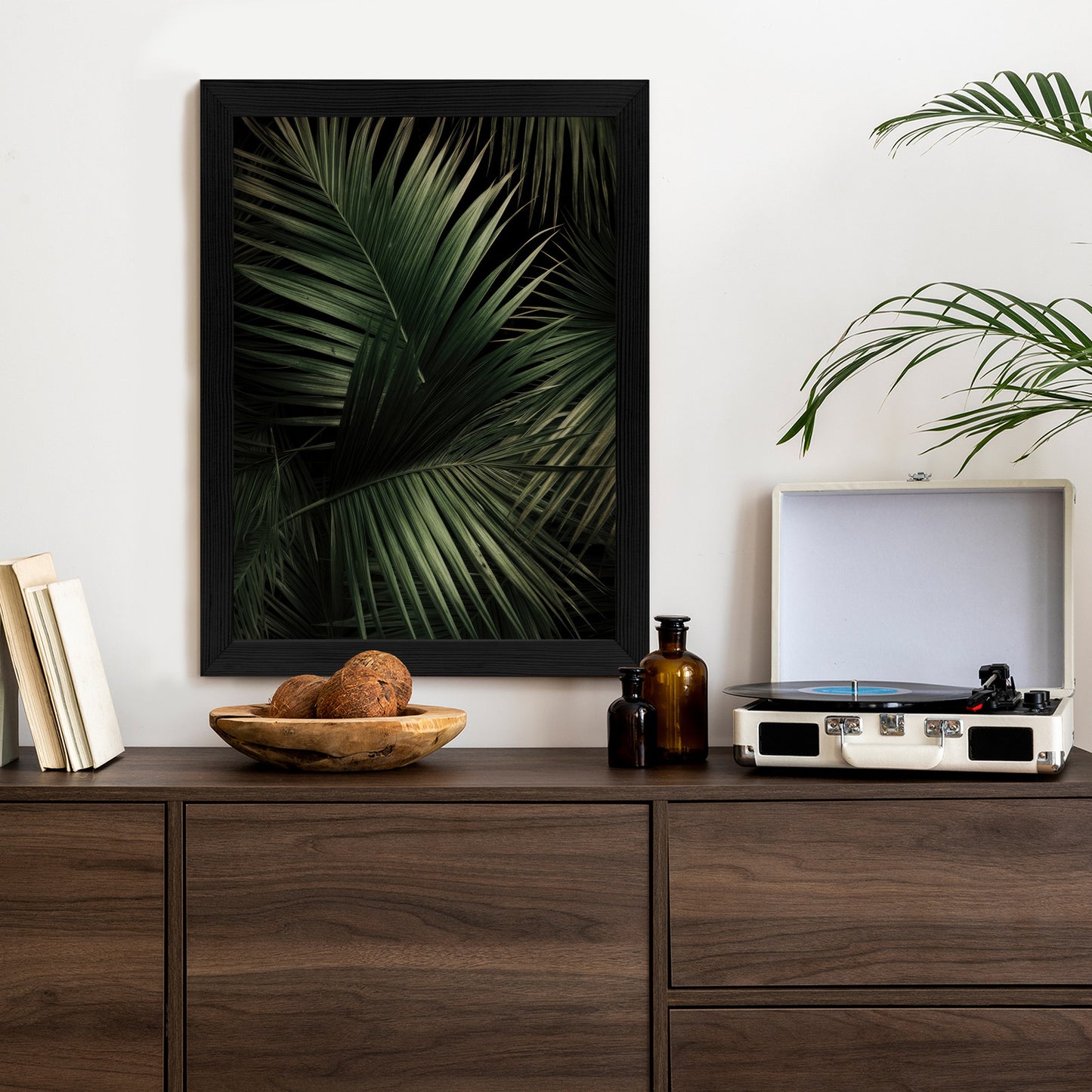 Poster Dunkle Große Palmblätter Rahmen Holz Mit Passepartout Farbe Natürlich