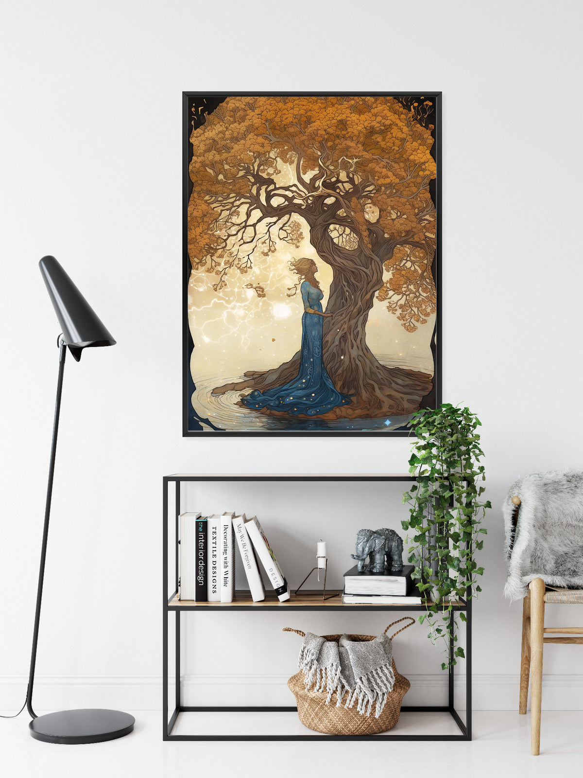 Poster Frau In Der Nähe Eines Verzweigten Baumes Rahmen Holz Mit Passepartout Farbe Natürlich