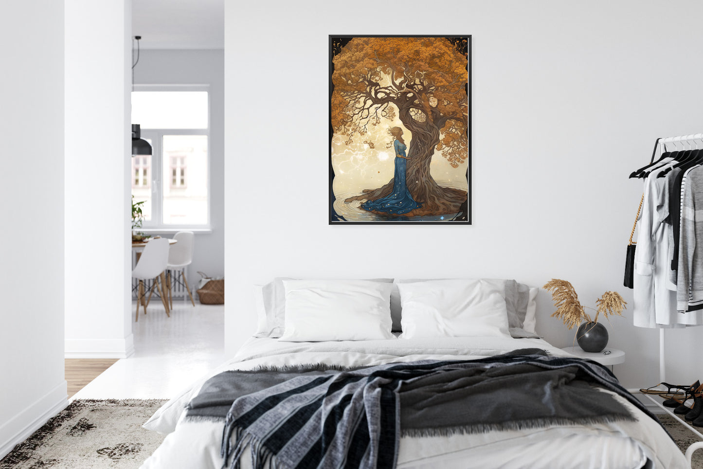 Poster Frau In Der Nähe Eines Verzweigten Baumes Rahmen Holz Mit Passepartout Farbe Natürlich