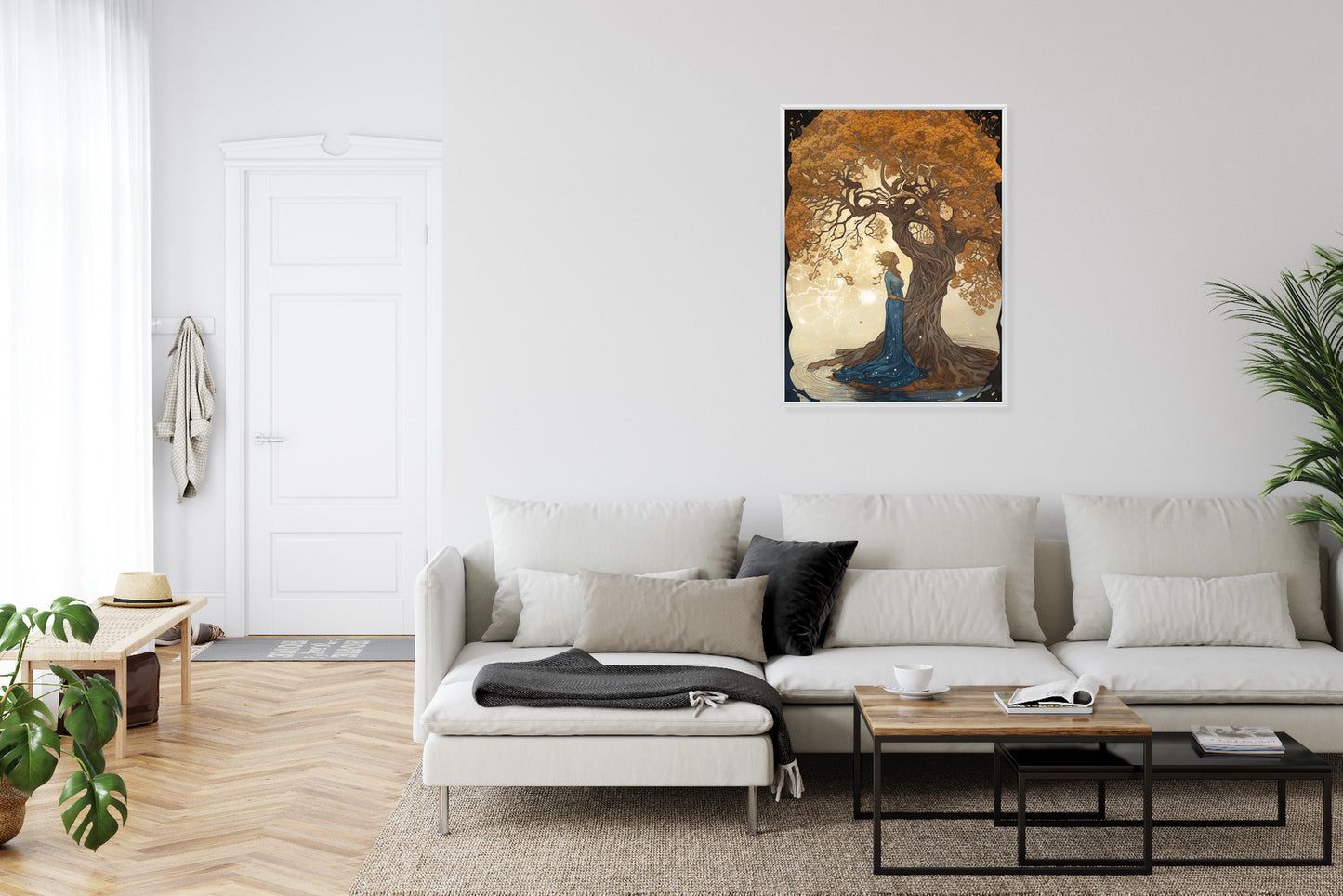 Poster Frau In Der Nähe Eines Verzweigten Baumes Rahmen Holz Mit Passepartout Farbe Natürlich
