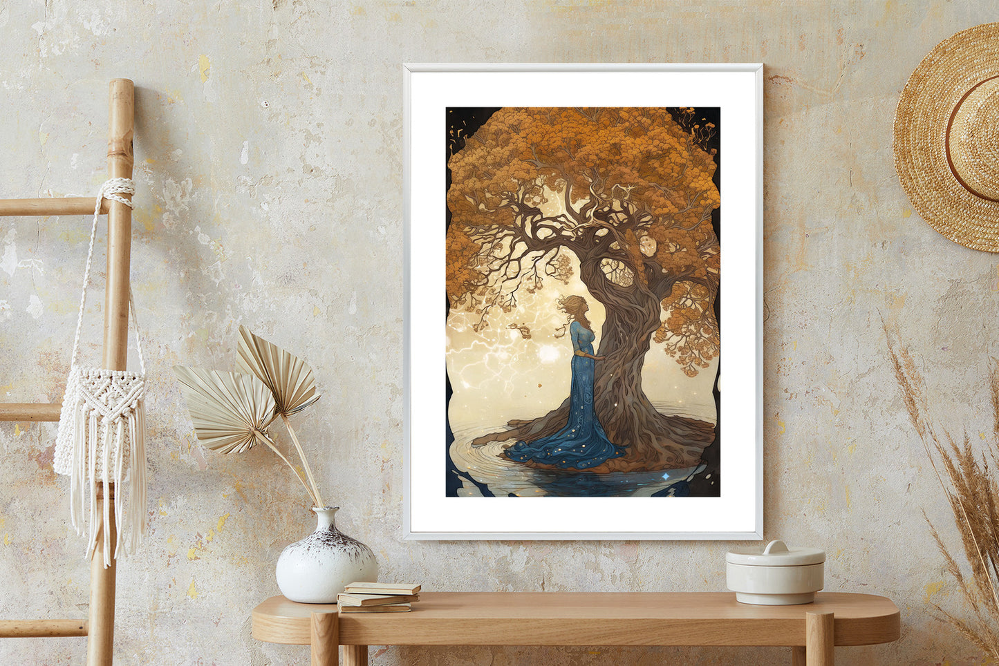 Poster Frau In Der Nähe Eines Verzweigten Baumes Rahmen Holz Mit Passepartout Farbe Natürlich