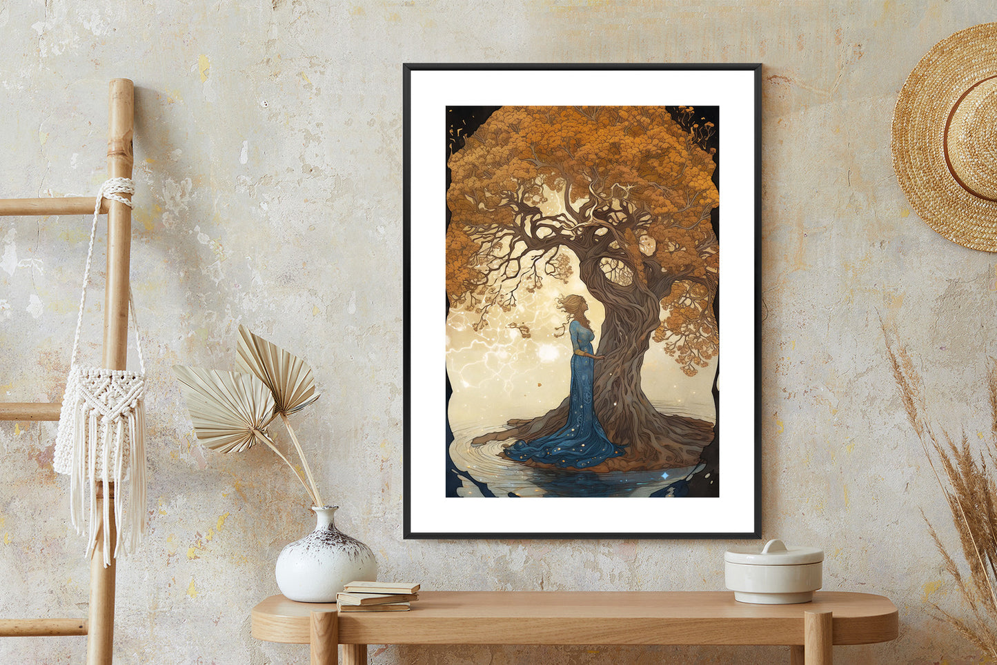 Poster Frau In Der Nähe Eines Verzweigten Baumes Rahmen Holz Mit Passepartout Farbe Natürlich