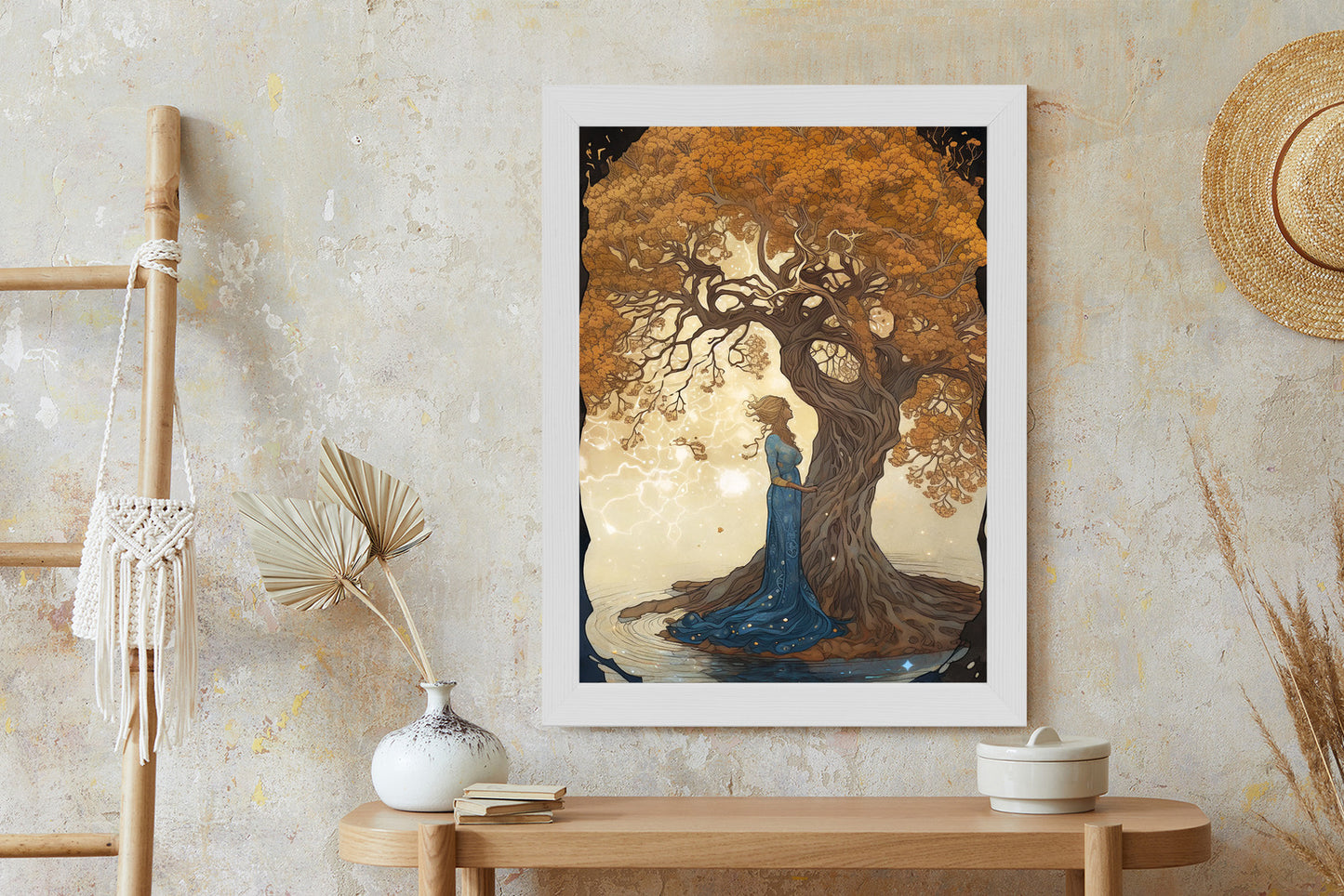 Poster Frau In Der Nähe Eines Verzweigten Baumes Rahmen Holz Mit Passepartout Farbe Natürlich