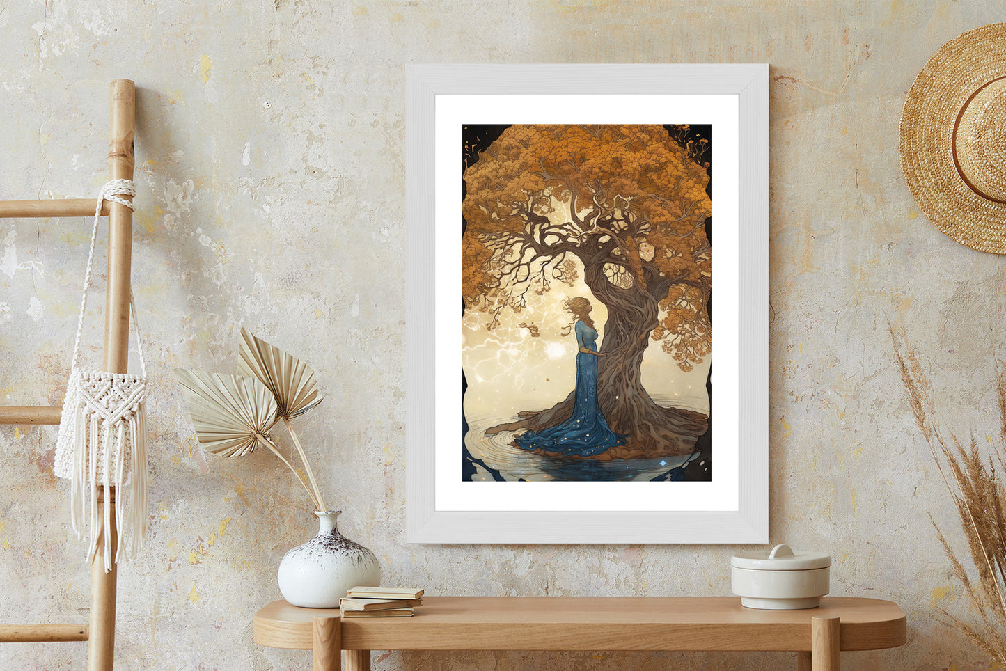 Poster Frau In Der Nähe Eines Verzweigten Baumes Rahmen Holz Mit Passepartout Farbe Natürlich