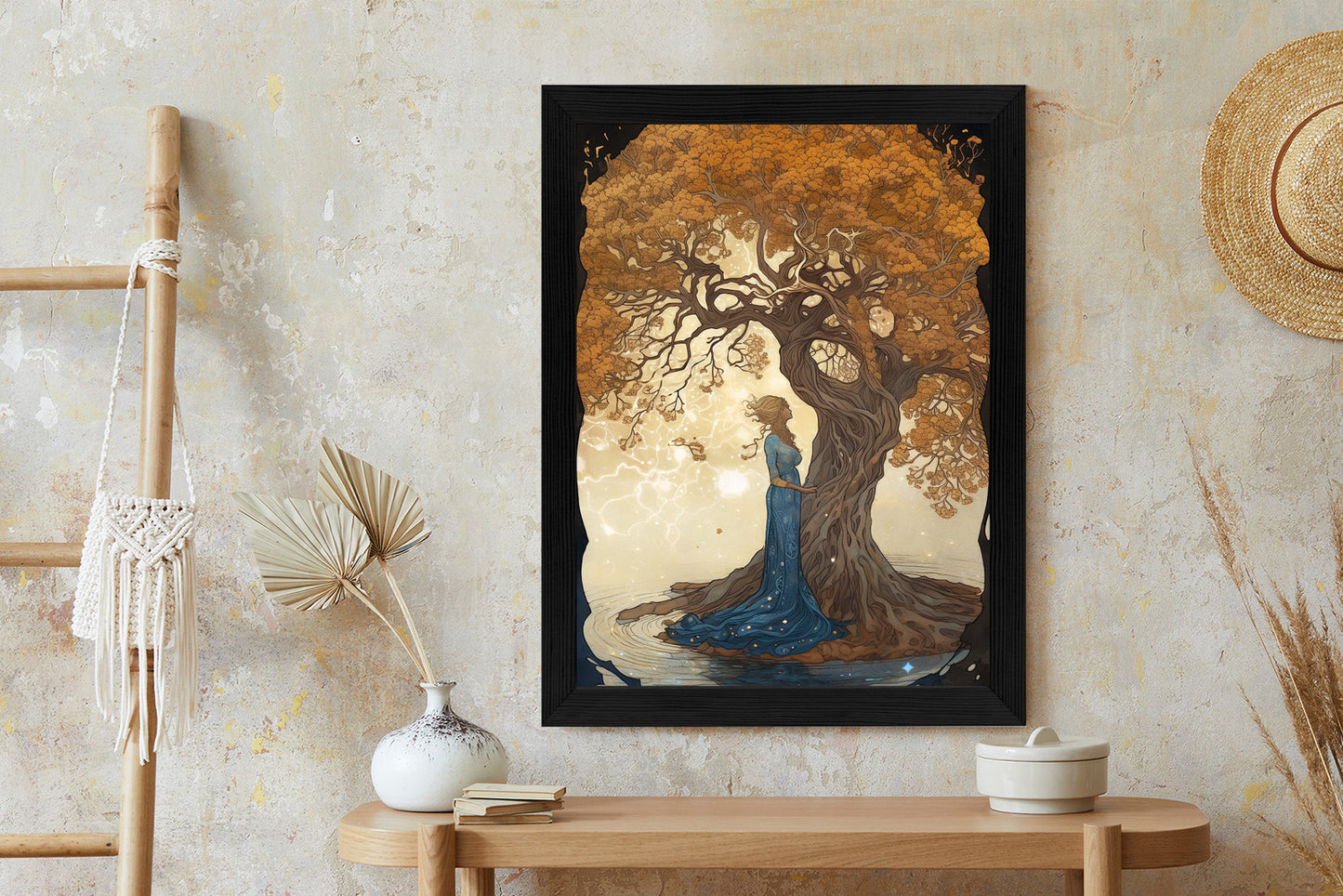 Poster Frau In Der Nähe Eines Verzweigten Baumes Rahmen Holz Mit Passepartout Farbe Natürlich