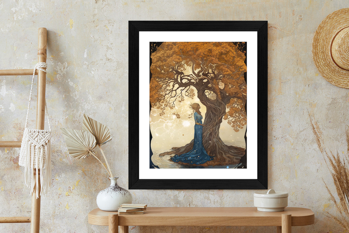 Poster Frau In Der Nähe Eines Verzweigten Baumes Rahmen Holz Mit Passepartout Farbe Natürlich